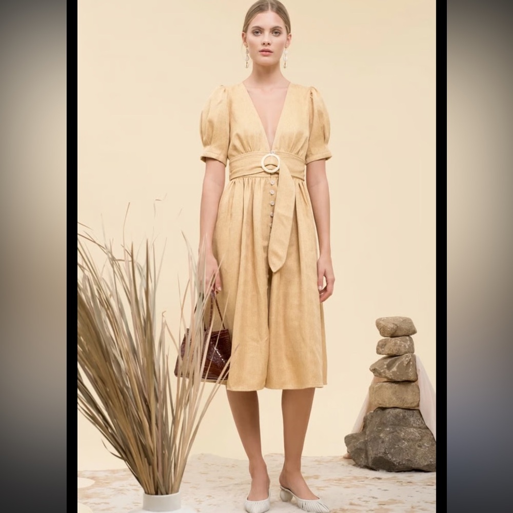 Moon River Tan Belted Midi Dress